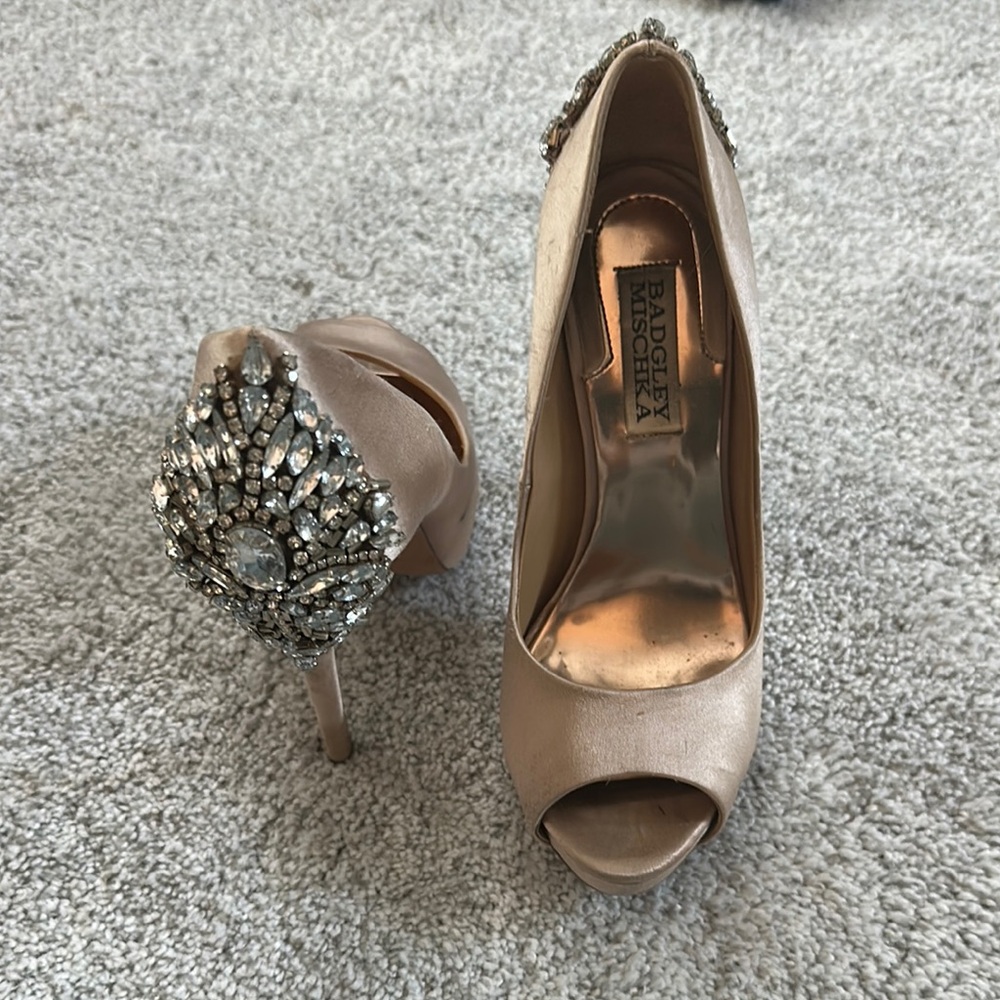 Badgley Mischka Tan Stiletto Heels with Crystal Embellishments